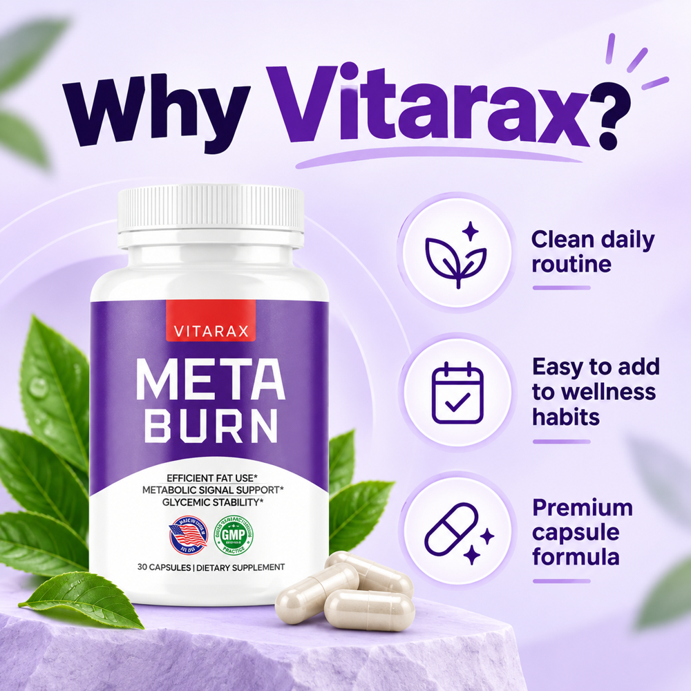 Vitarax MetaBurn single-bottle visual with wellness routine themes